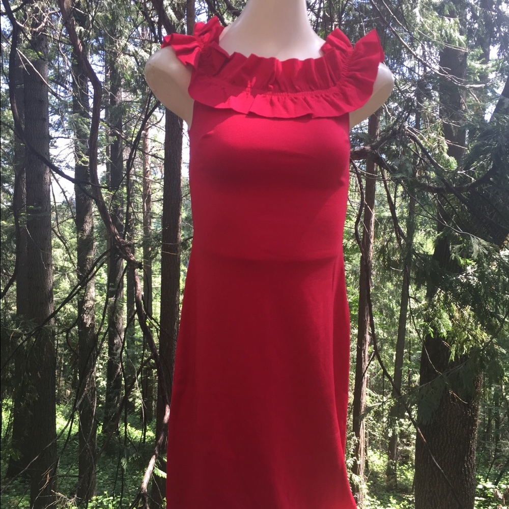 Bebe ruffle neck slim fit saffron red knit off the shoulder dress - Picture 7 of 8
